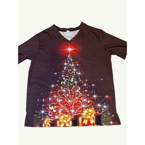 Christmas scrub top w/ Festive Red and Gold Tree On Dark Background Size XL